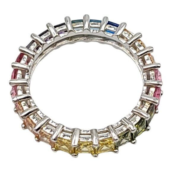 GM .925 Sterling Silver Rainbow Multi-Color Stone Eternity Ring Size 8 - Picture 5 of 6